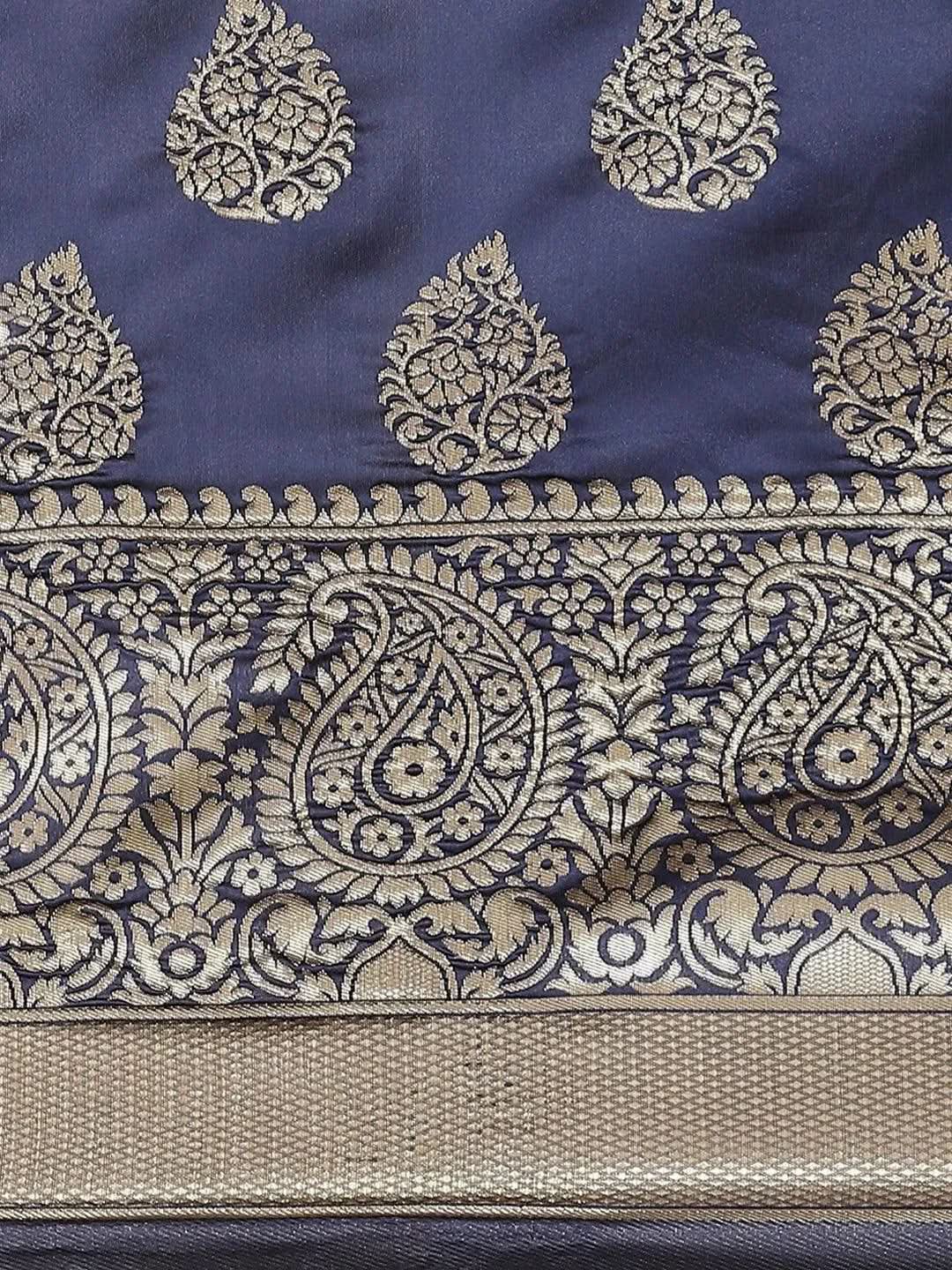 Blue Printed Brocade Saree - Libas