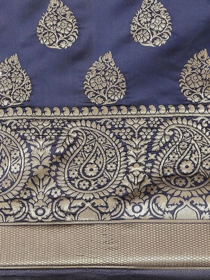 Blue Printed Brocade Saree - Libas