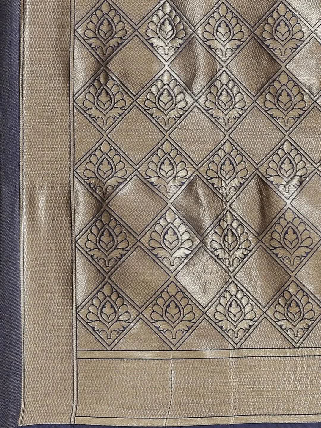 Blue Printed Brocade Saree - Libas