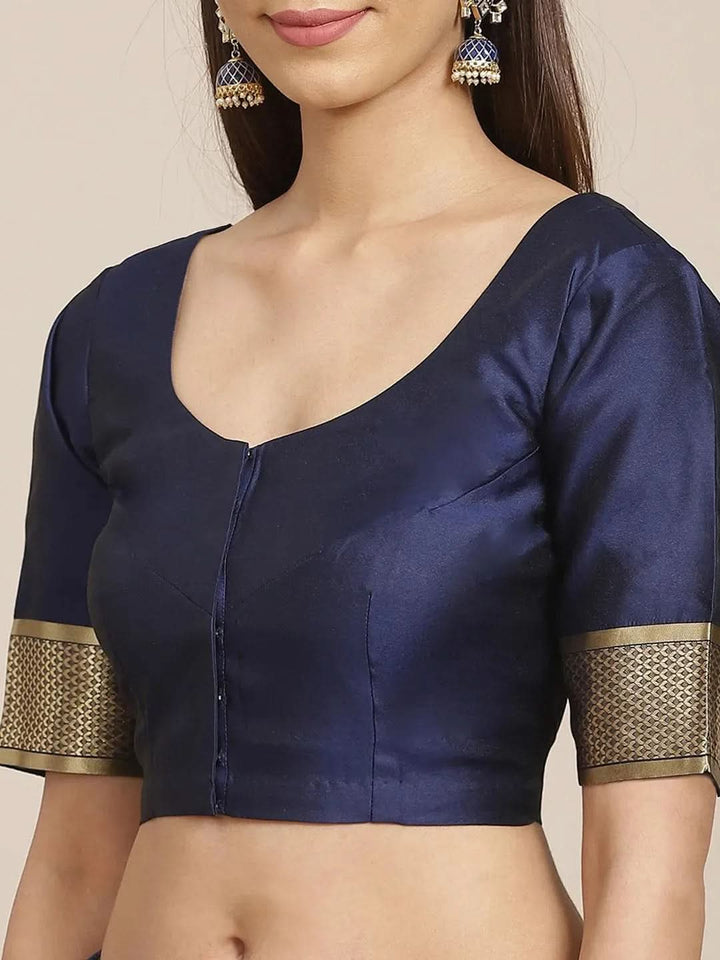Blue Printed Brocade Saree - Libas