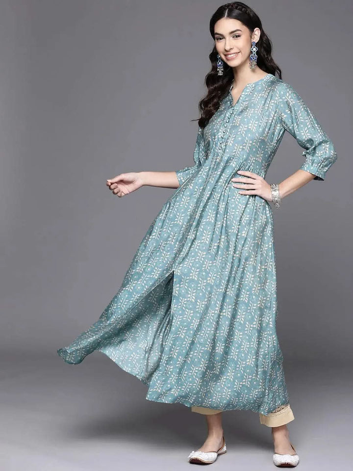 Blue Printed Chanderi Silk Kurta - Libas
