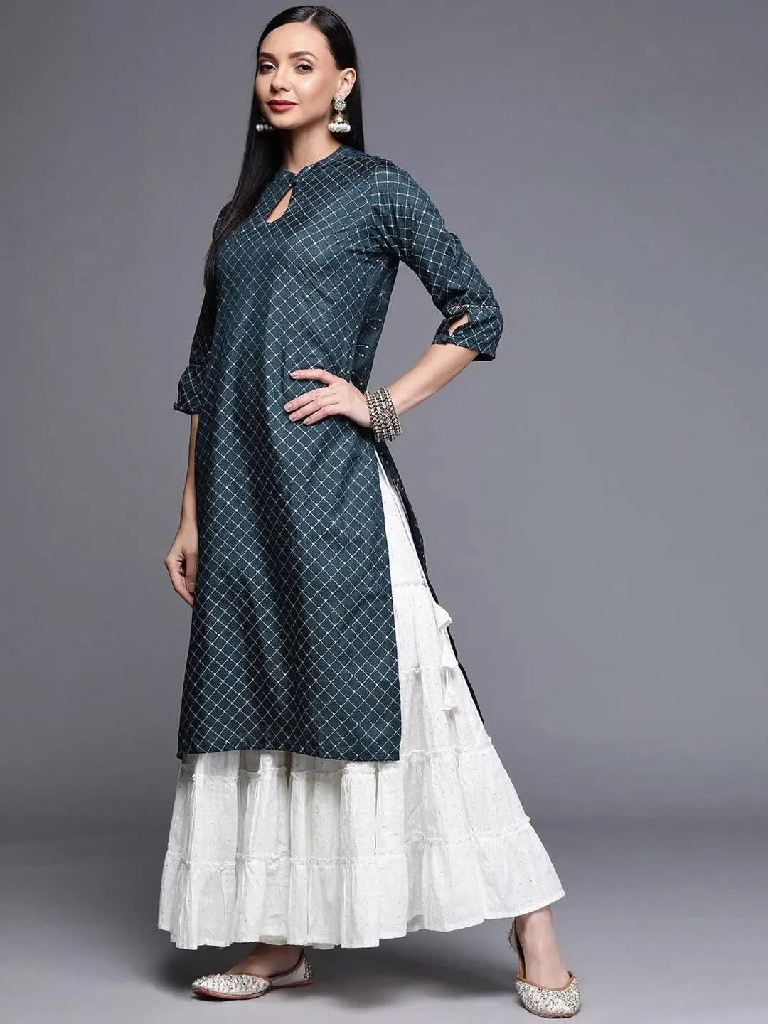Blue Printed Chanderi Silk Kurta - Libas