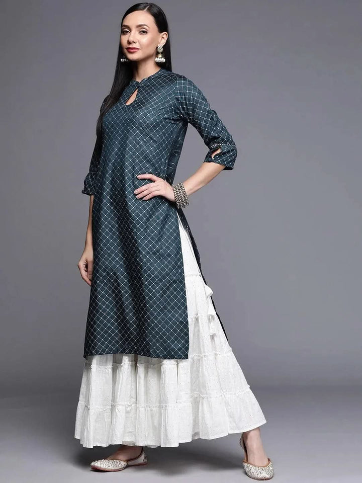Blue Printed Chanderi Silk Kurta - Libas