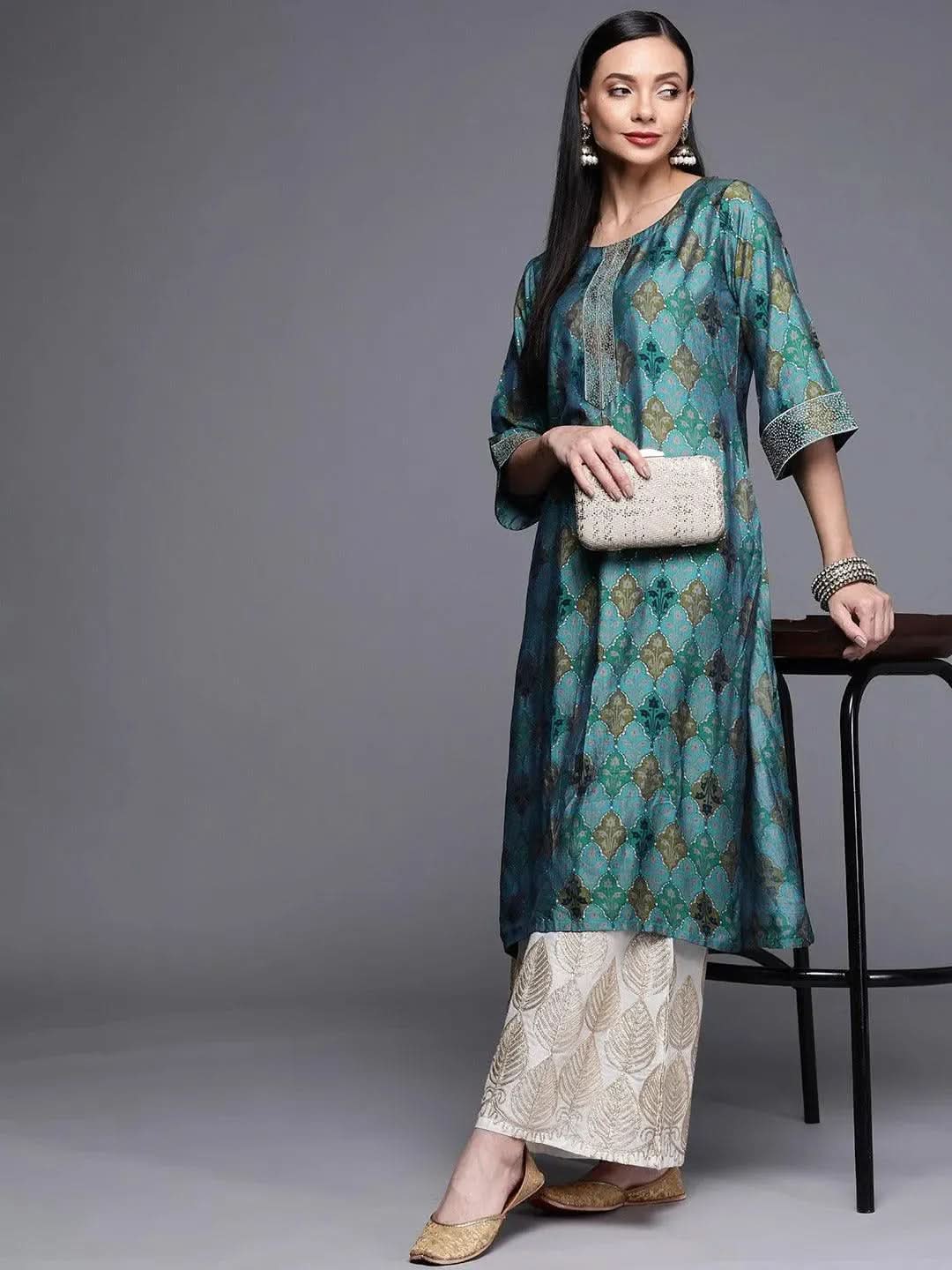 Blue Printed Chanderi Silk Kurta - Libas