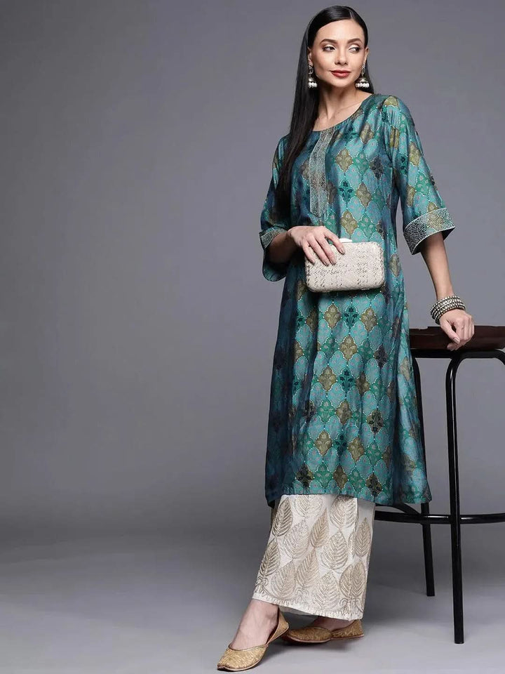 Blue Printed Chanderi Silk Kurta - Libas