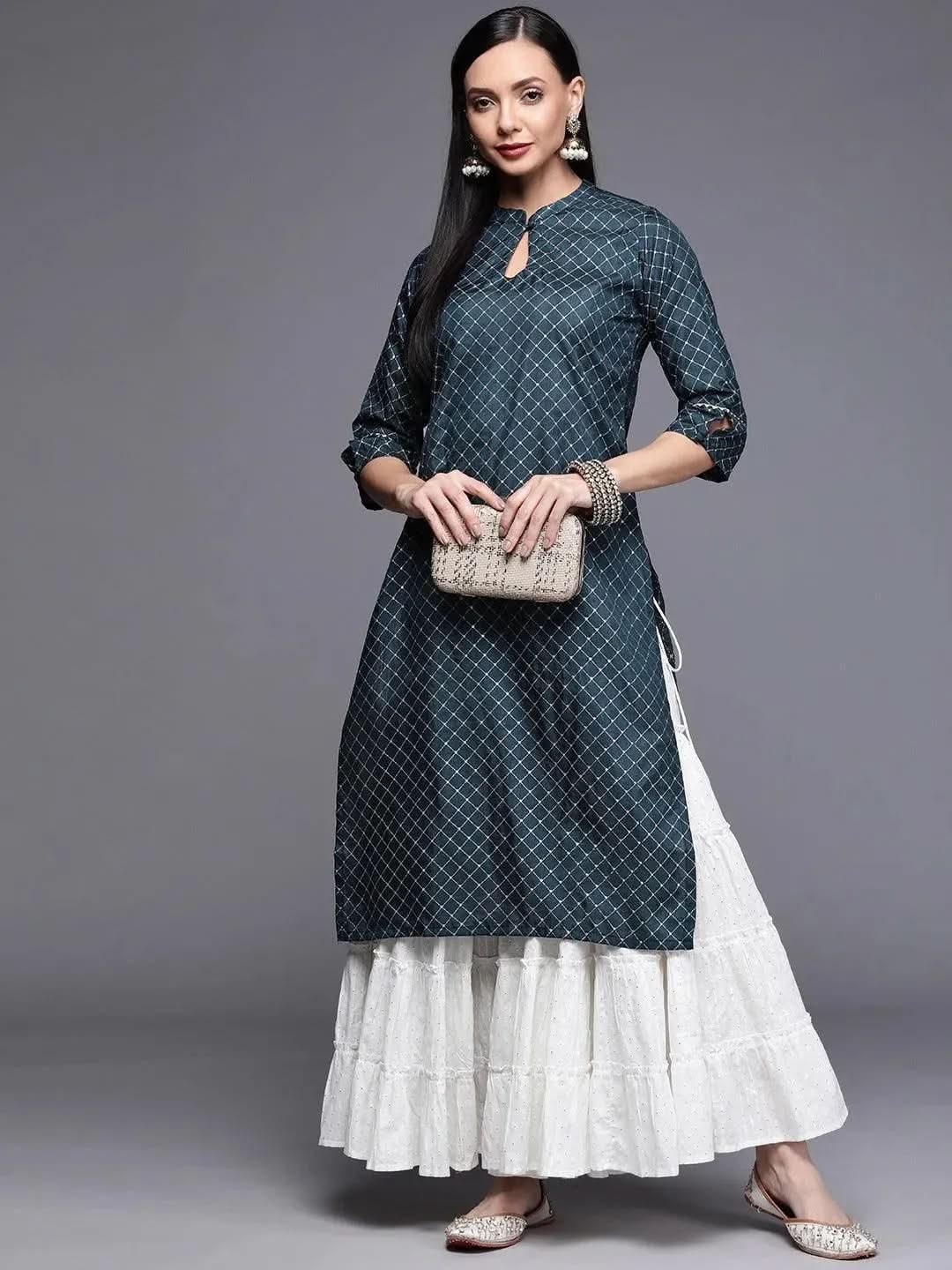 Blue Printed Chanderi Silk Kurta - Libas