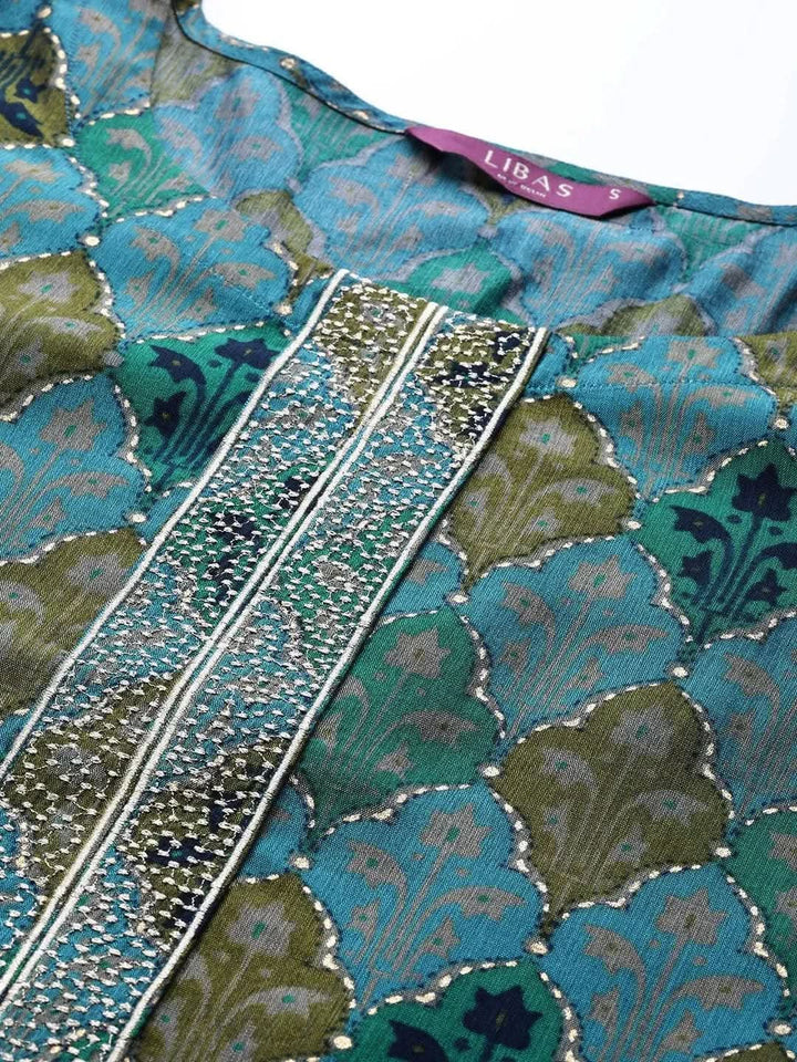 Blue Printed Chanderi Silk Kurta - Libas