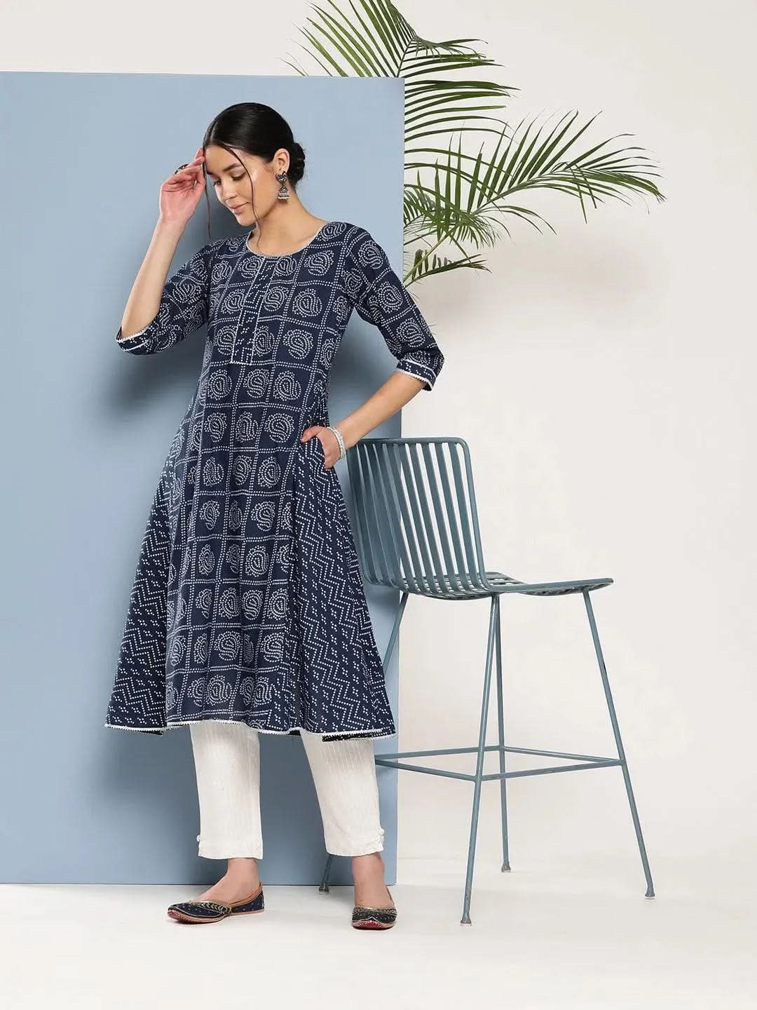 Blue Printed Cotton A-Line Kurta - Libas