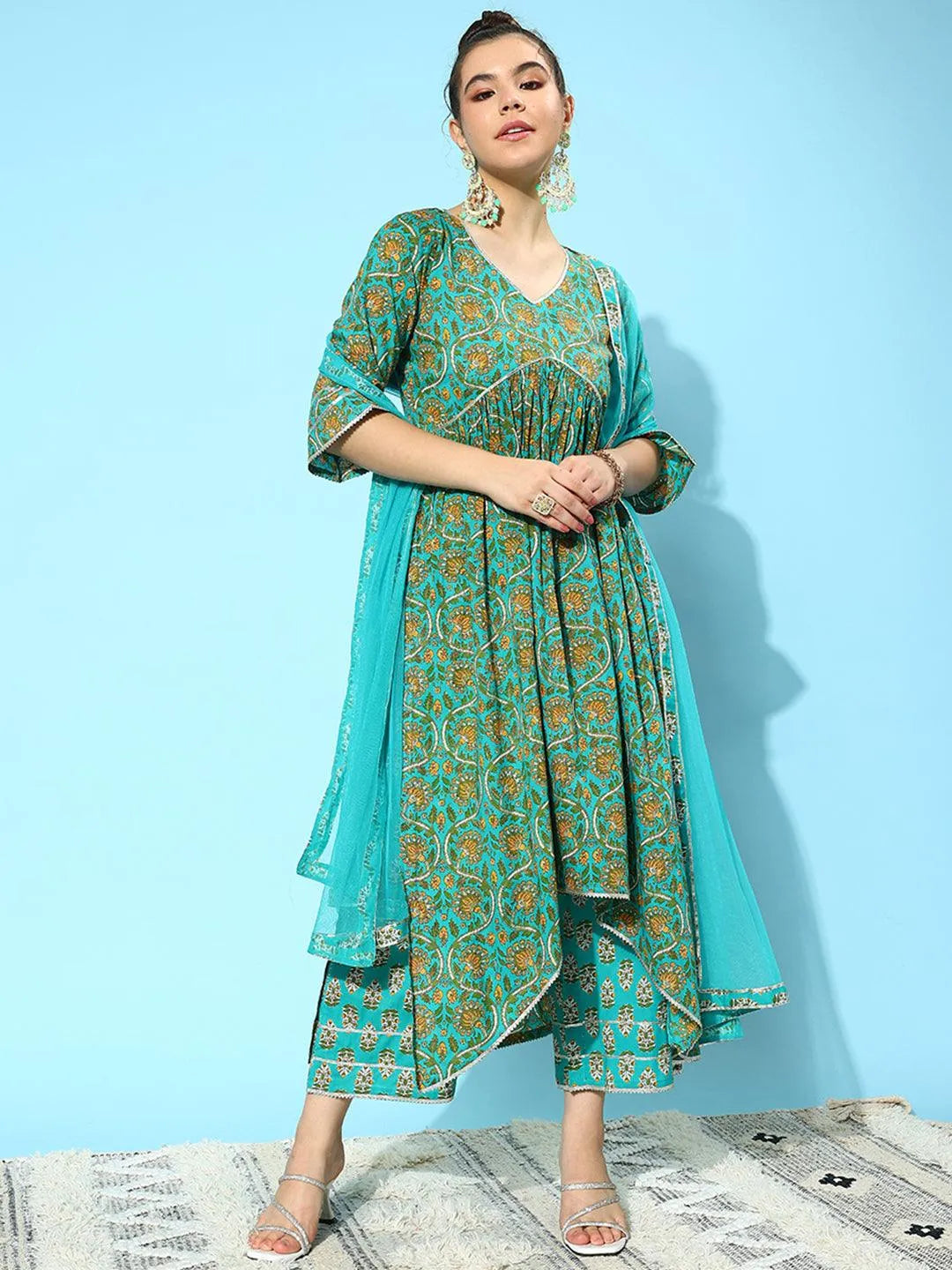Blue Printed Cotton A-Line Kurta With Palazzos & Dupatta - Libas