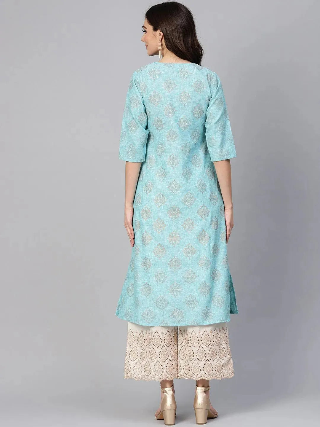 Blue Printed Cotton A-Line Kurta With Palazzos
Blue Printed Cotton A-Line Kurta With Palazzos