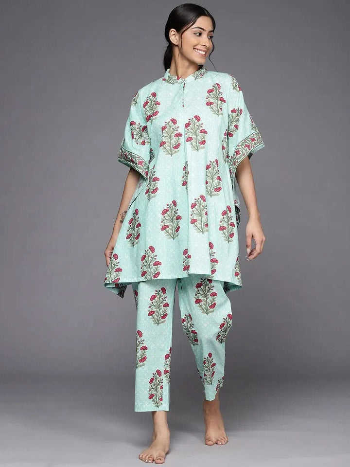 Blue Printed Cotton Night Suit - Libas