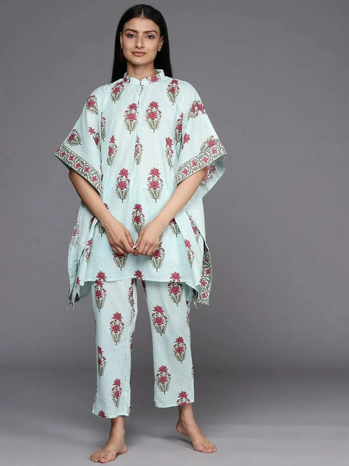 Blue Printed Cotton Kurta Set - Libas