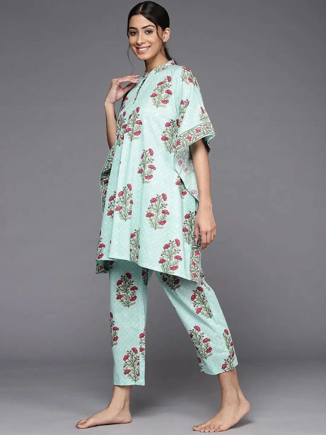 Blue Printed Cotton Night Suit - Libas