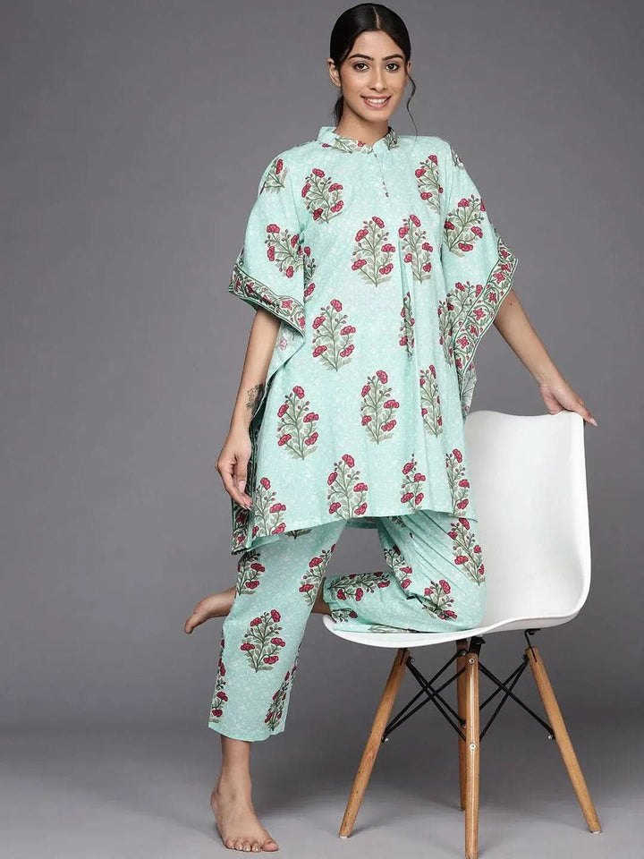 Blue Printed Cotton Night Suit - Libas