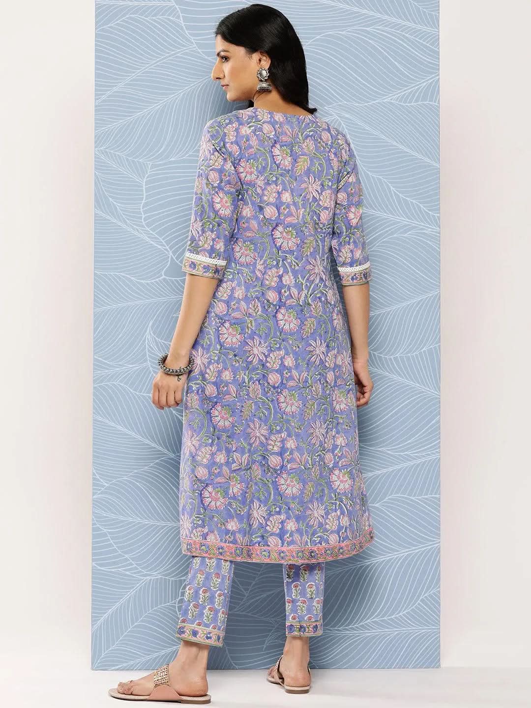 Blue Printed Cotton A-Line Kurta Set With Trousers - Libas