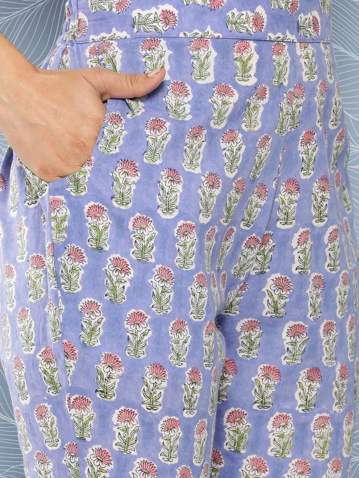 Blue Printed Cotton A-Line Kurta Set With Trousers - Libas