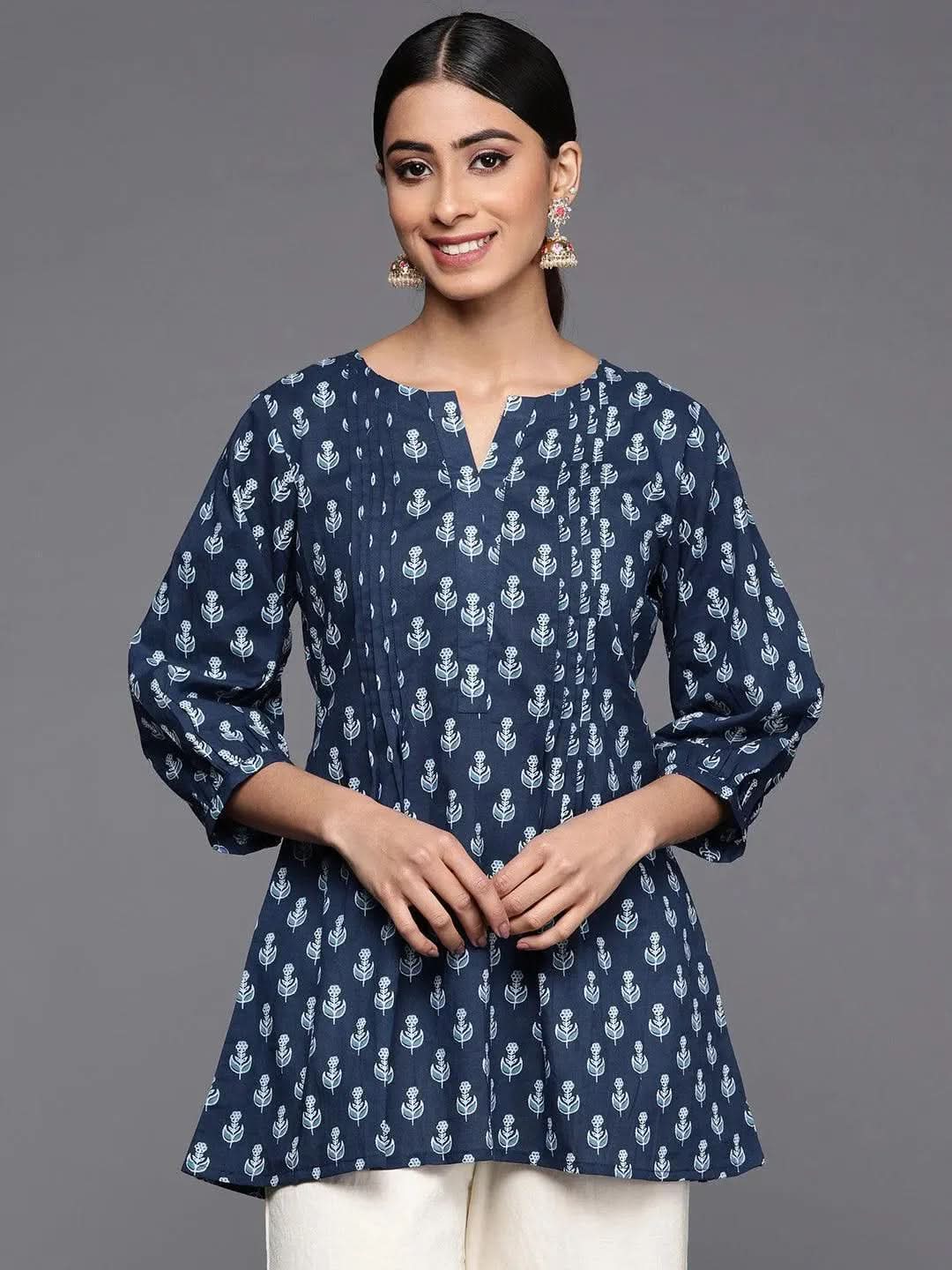 Blue Printed Cotton A-Line Kurti - Libas