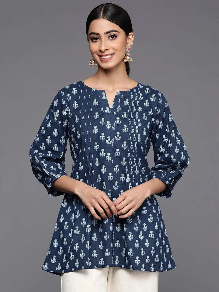 Blue Printed Cotton A-Line Kurti - Libas