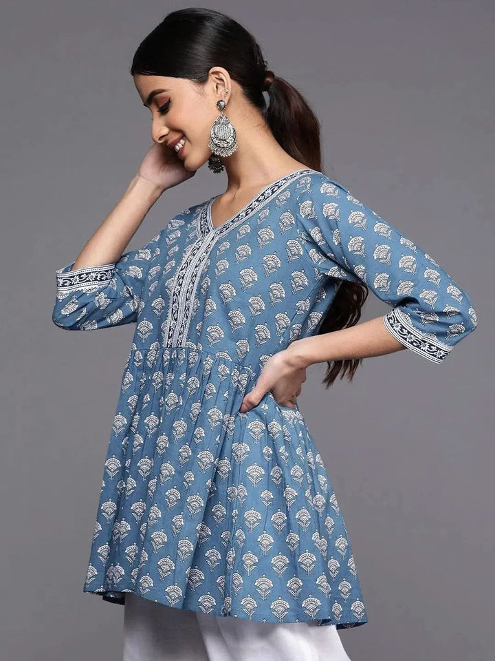 Blue Printed Cotton A-Line Kurti - Libas