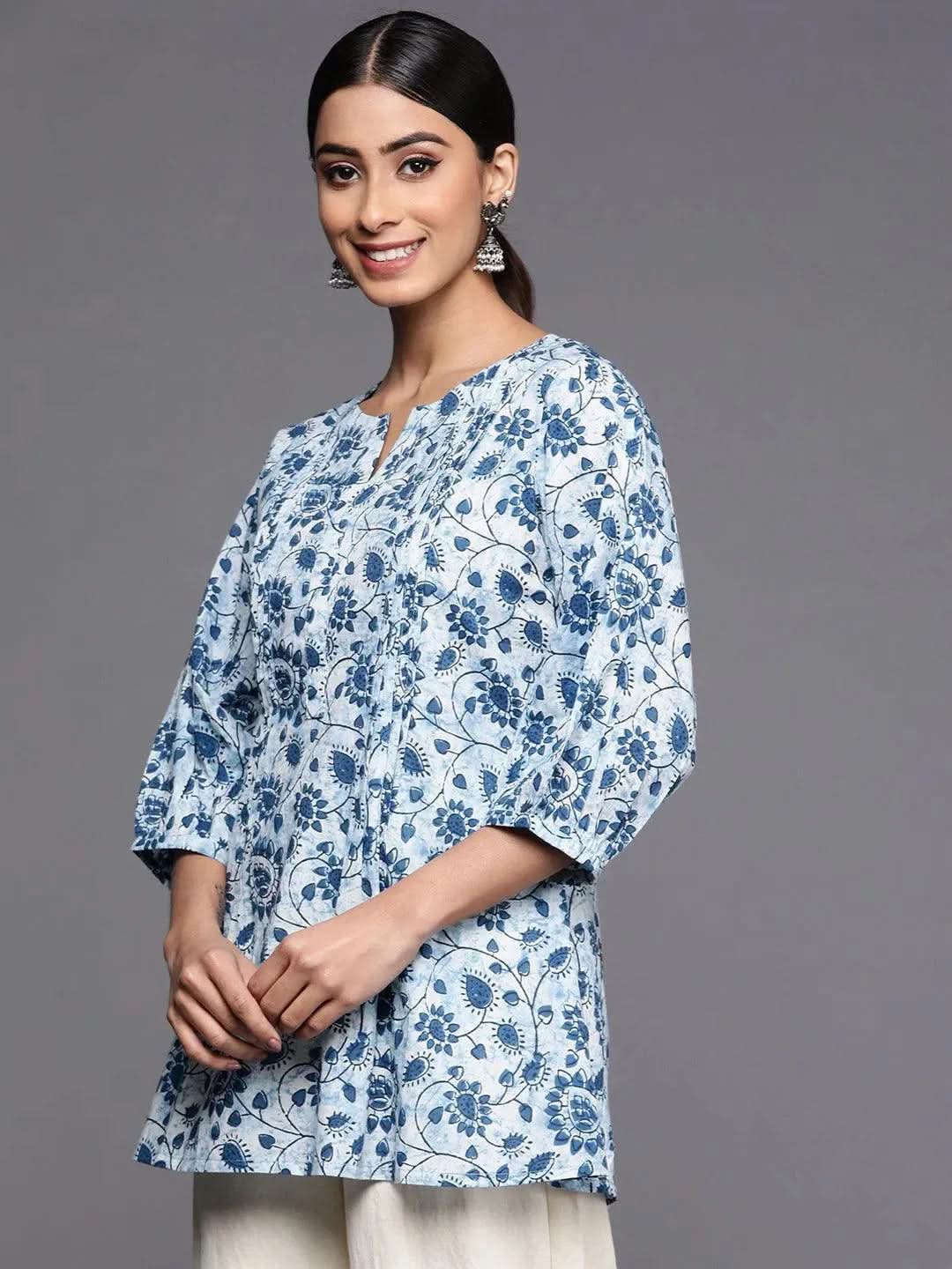 Blue Printed Cotton A-Line Kurti - Libas
