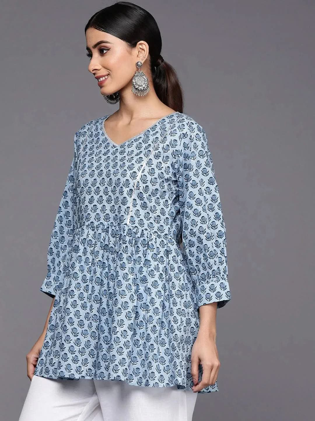 Blue Printed Cotton A-Line Kurti - Libas
