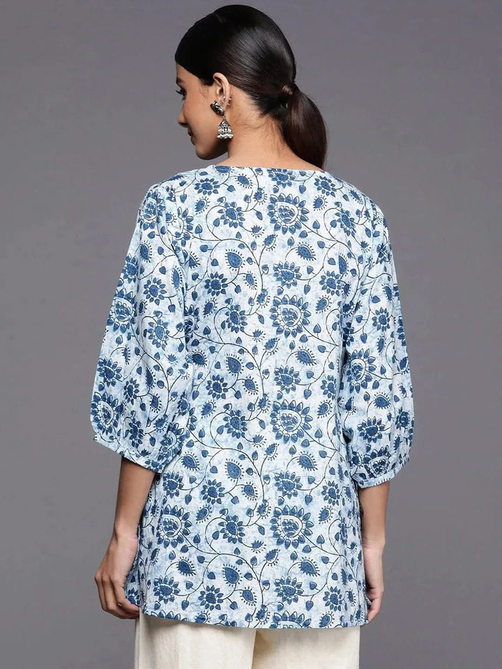 Blue Printed Cotton A-Line Kurti - Libas