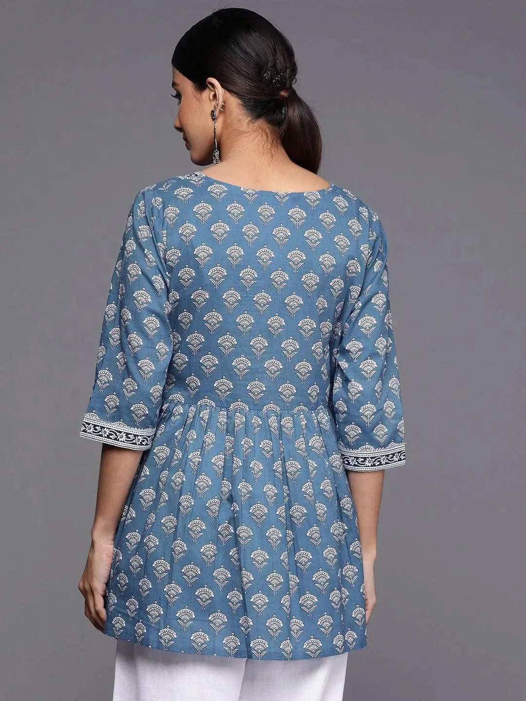 Blue Printed Cotton A-Line Kurti - Libas
