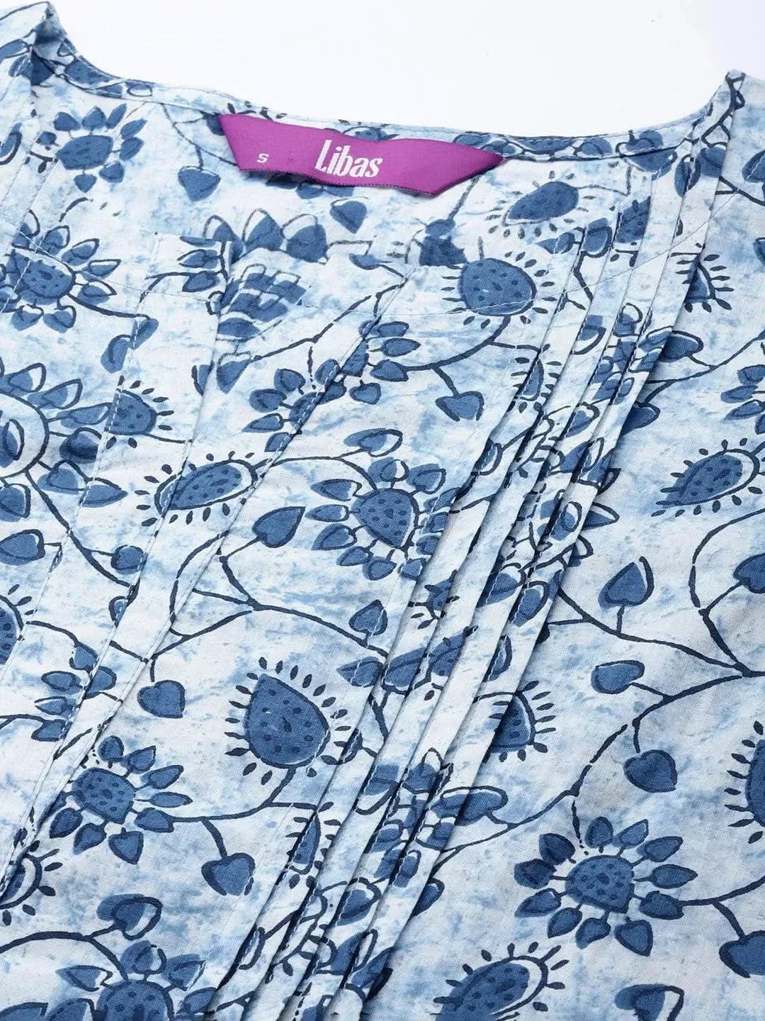 Blue Printed Cotton A-Line Kurti - Libas