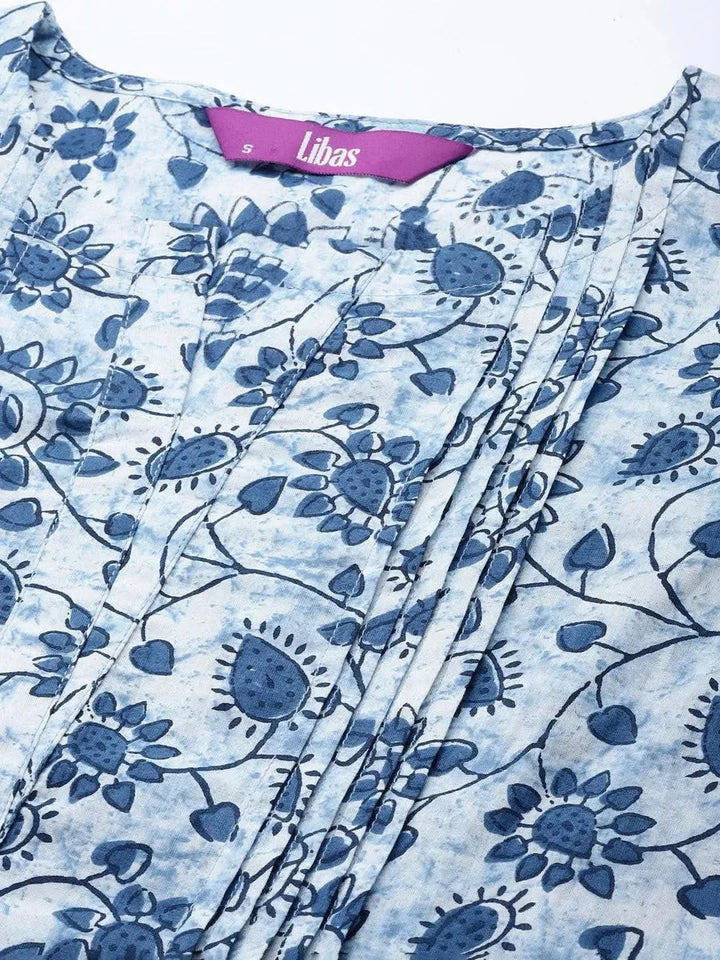 Blue Printed Cotton A-Line Kurti - Libas