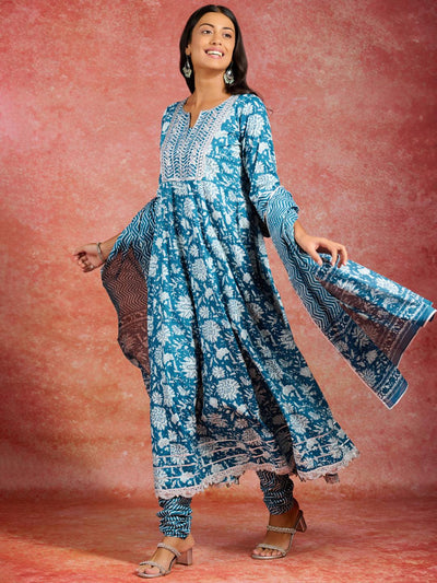 Blue Printed Cotton Anarkali Kurta With Churidar & Dupatta - Libas