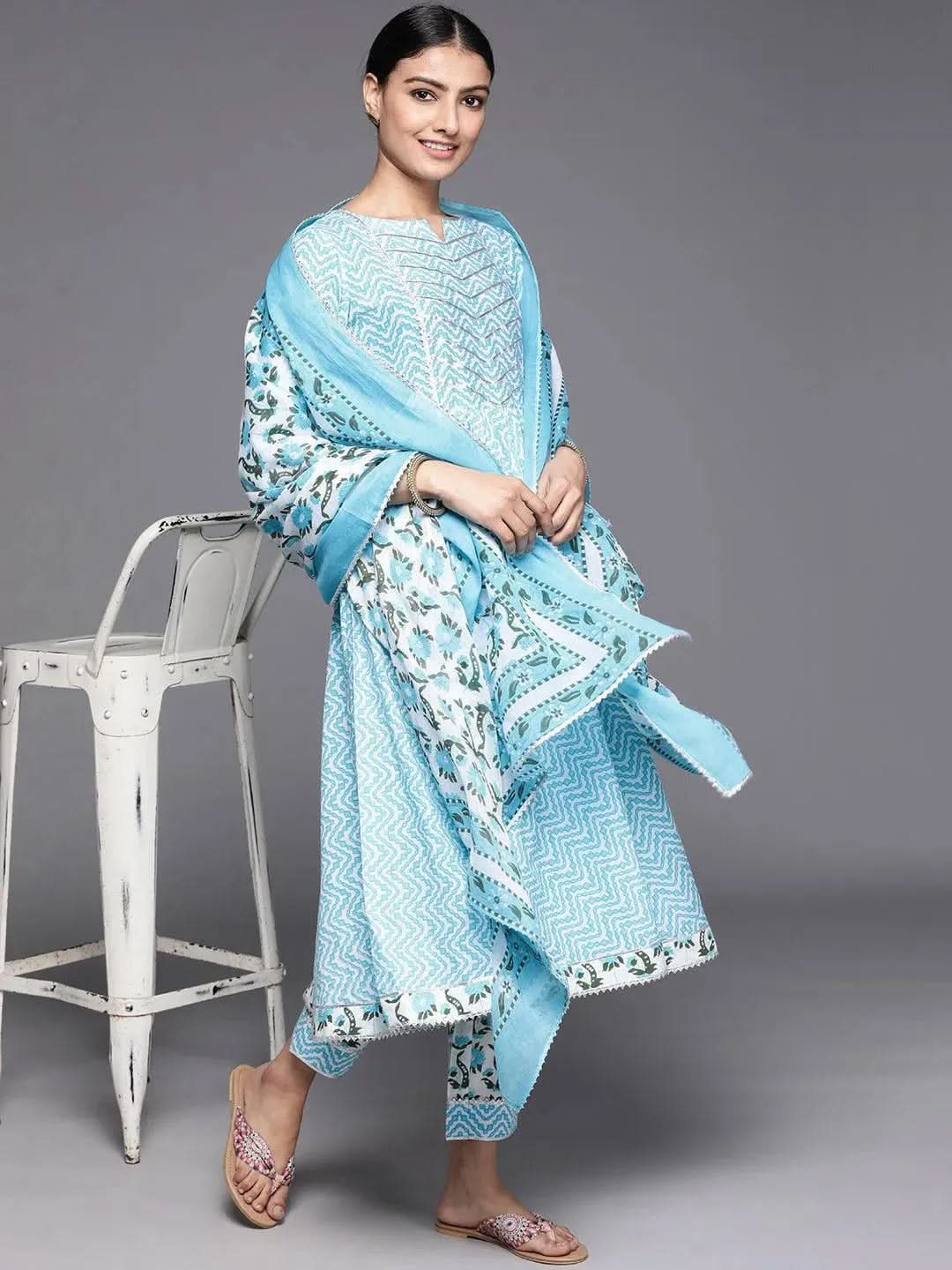Blue Printed Cotton Suit Set - Libas