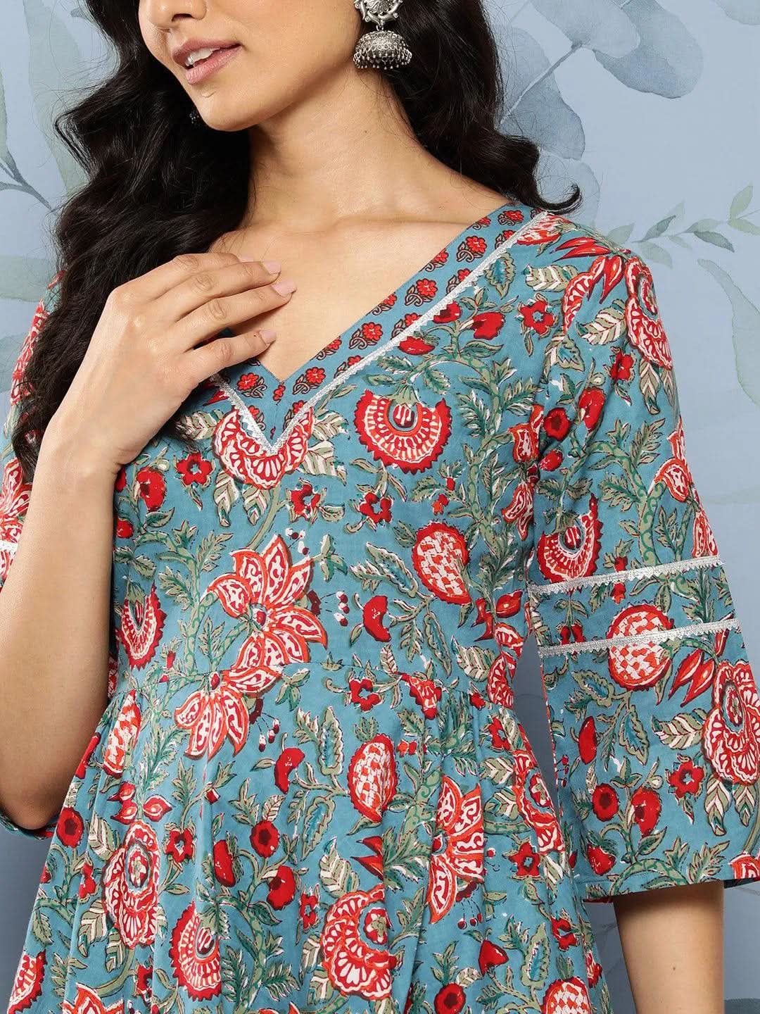 Blue Printed Cotton Anarkali Kurta With Trousers
Blue Printed Cotton Anarkali Kurta With Trousers