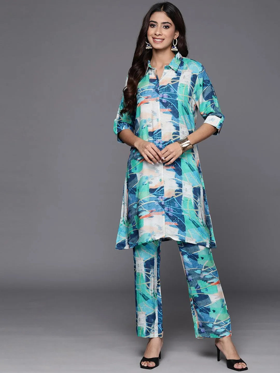Blue Printed Cotton Blend Tunic With Palazzos - Libas