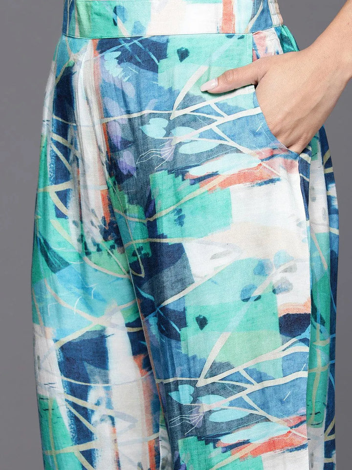 Blue Printed Cotton Blend Tunic With Palazzos - Libas