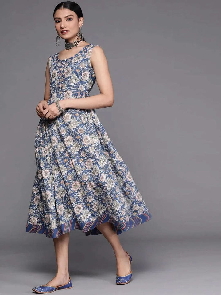 Blue Printed Cotton Dress - Libas