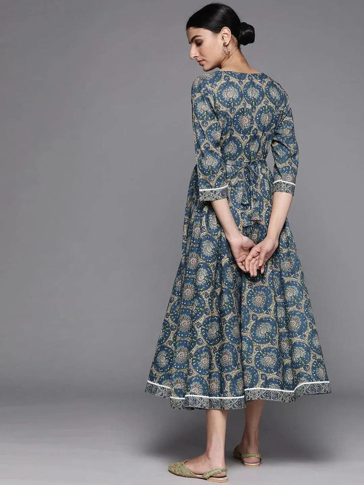 Blue Printed Cotton Dress - Libas