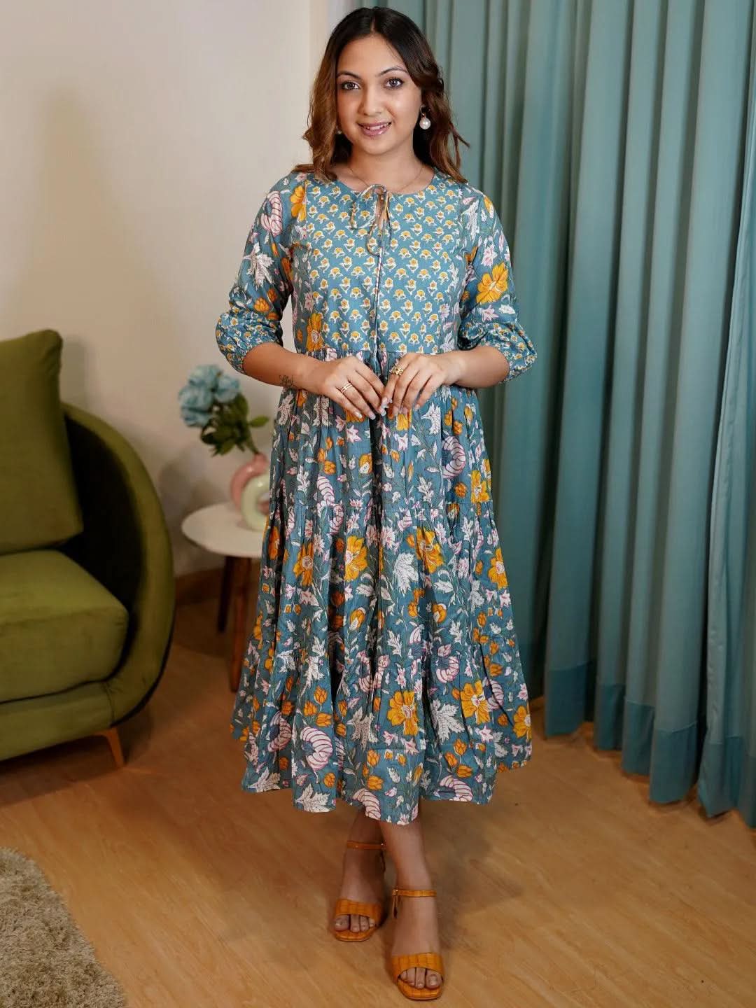 Blue Printed Cotton Fit and Flare Dress 
Blue Printed Cotton Fit and Flare Dress