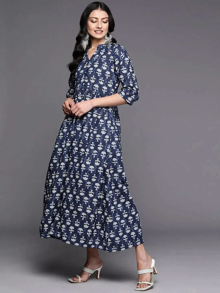 Blue Printed Cotton Fit and Flare Dress - Libas