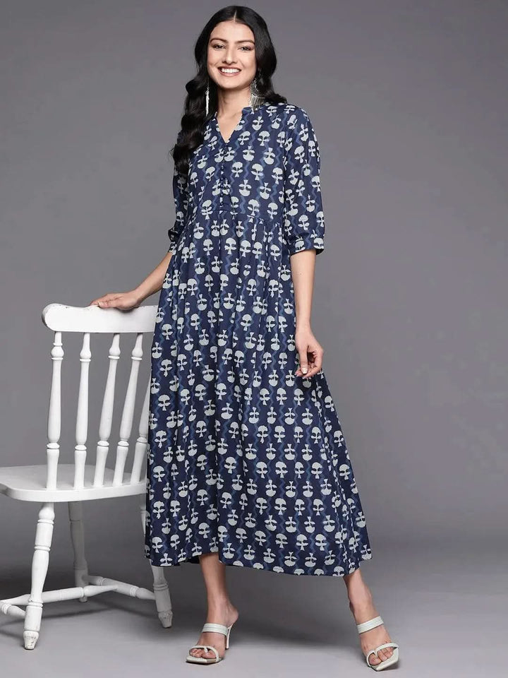 Blue Printed Cotton Fit and Flare Dress - Libas