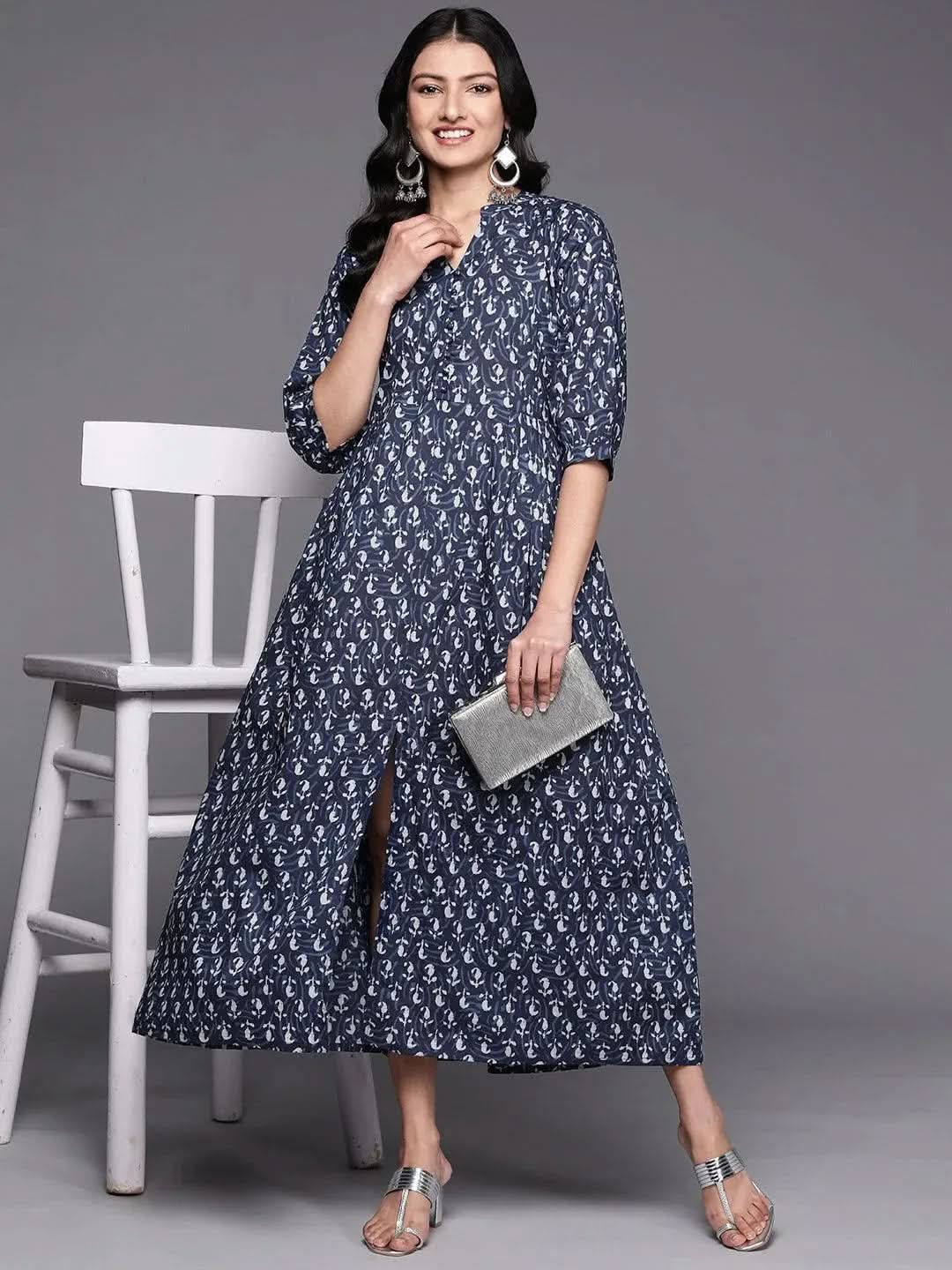 Blue Printed Cotton Fit and Flare Dress - Libas