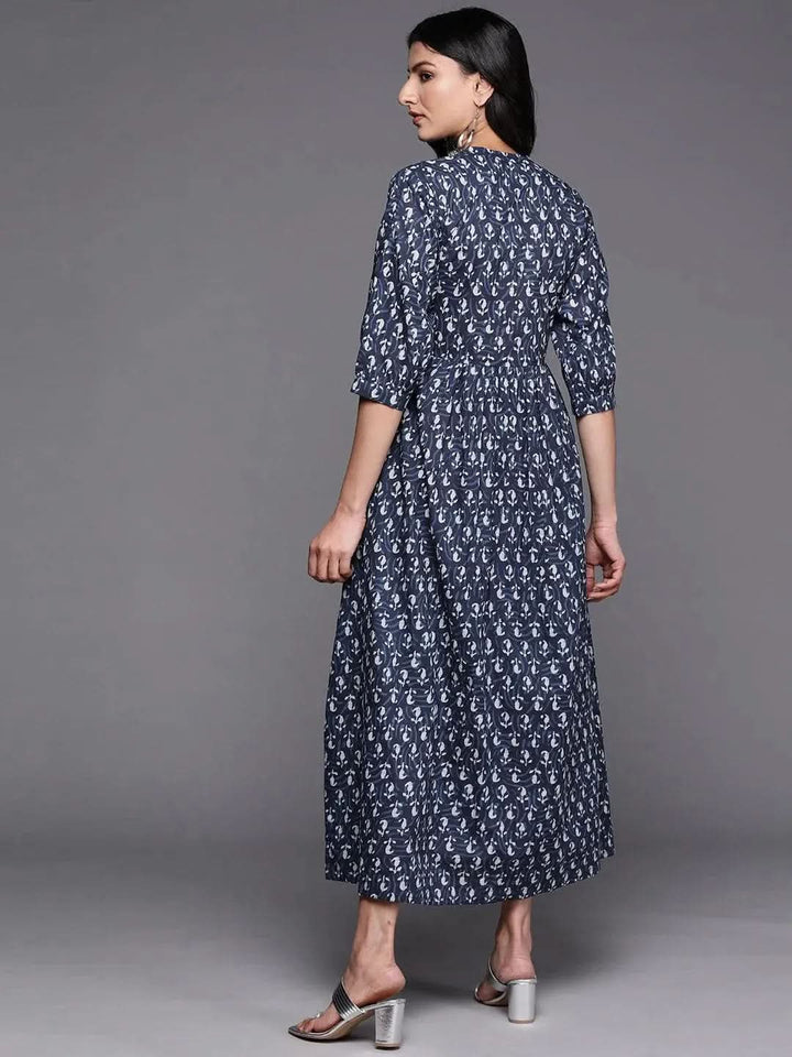 Blue Printed Cotton Fit and Flare Dress - Libas