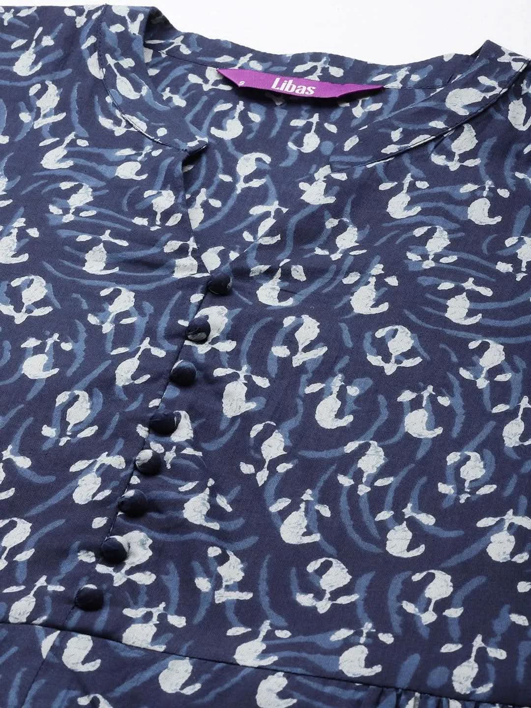 Blue Printed Cotton Fit and Flare Dress - Libas