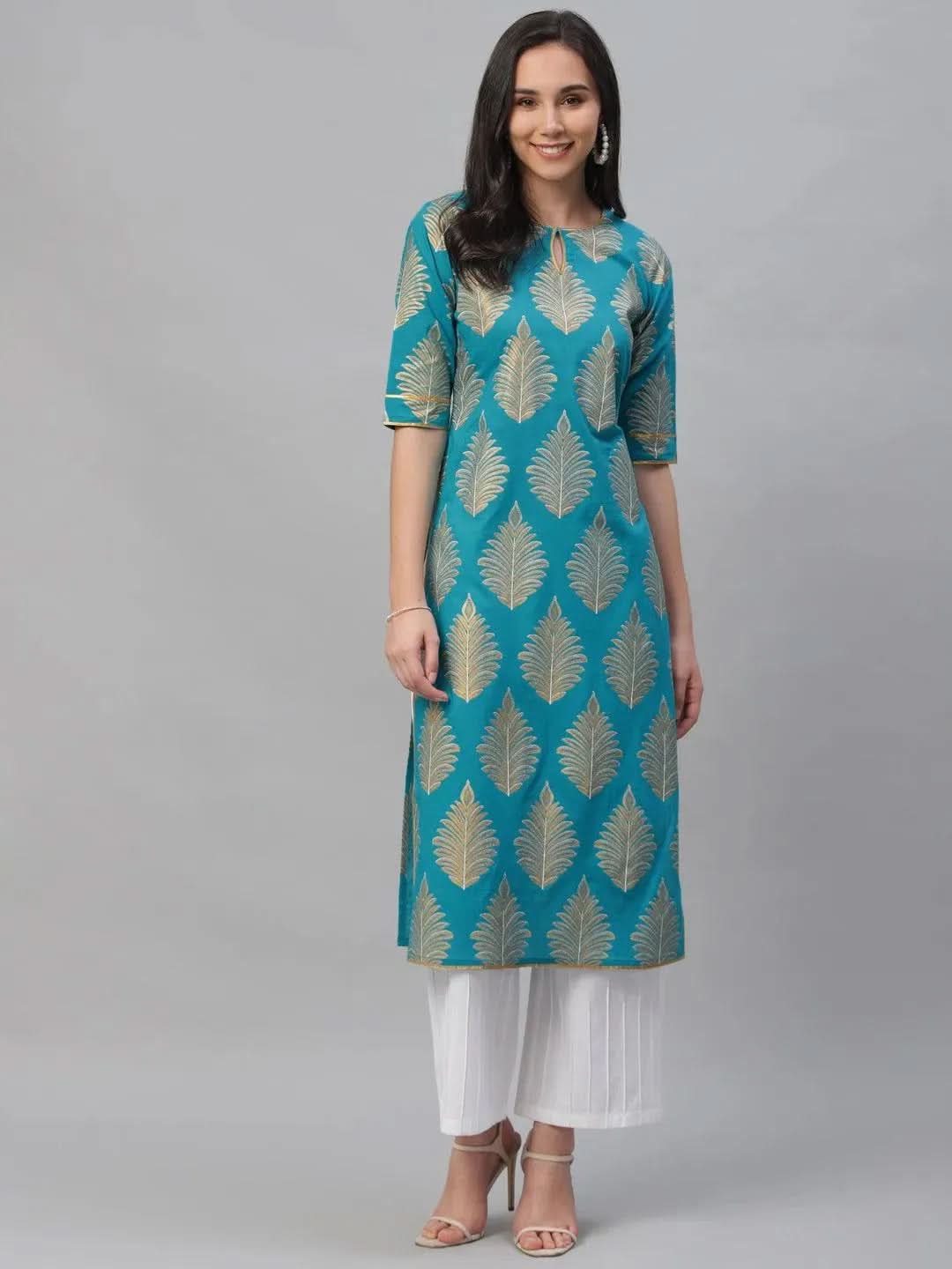 Blue Printed Cotton Kurta - Libas