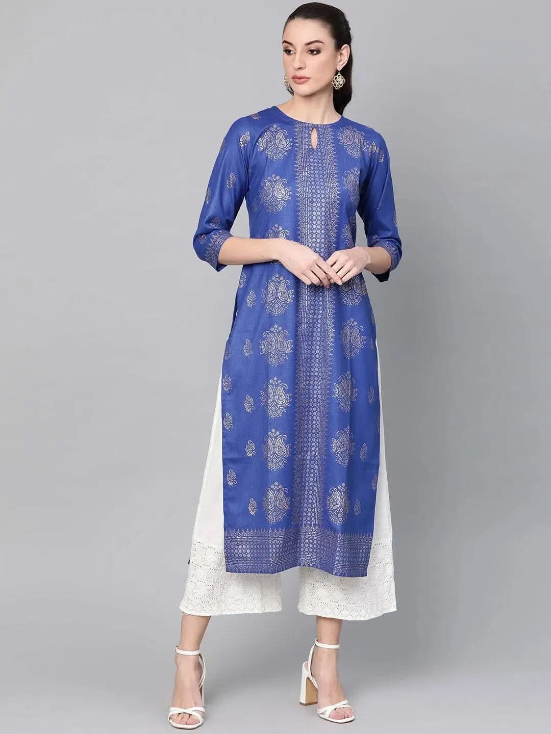 Blue Printed Cotton Kurta - Libas