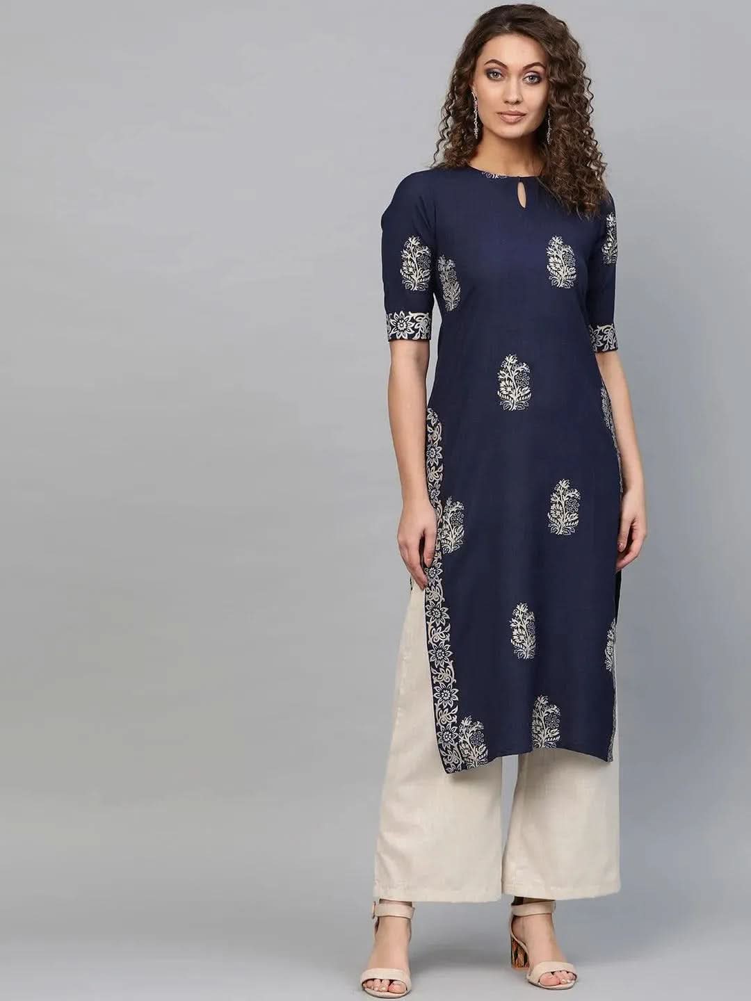 Blue Printed Cotton Kurta - Libas