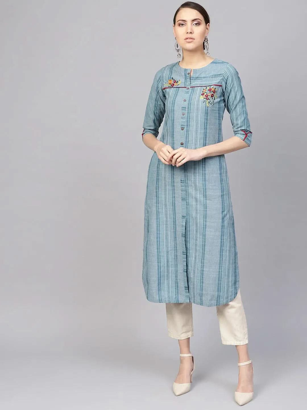 Blue Printed Cotton Kurta - Libas