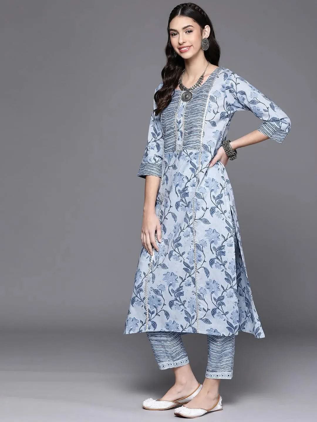 Blue Printed Cotton Kurta - Libas