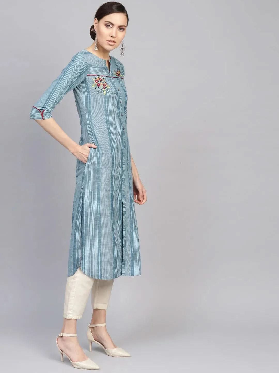 Blue Printed Cotton Kurta - Libas