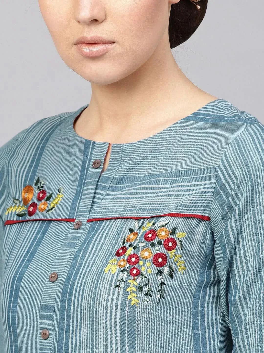 Blue Printed Cotton Kurta - Libas