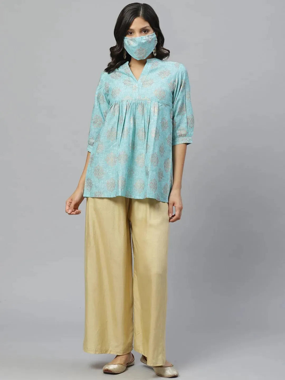 Blue Printed Cotton Kurti With Mask - Libas